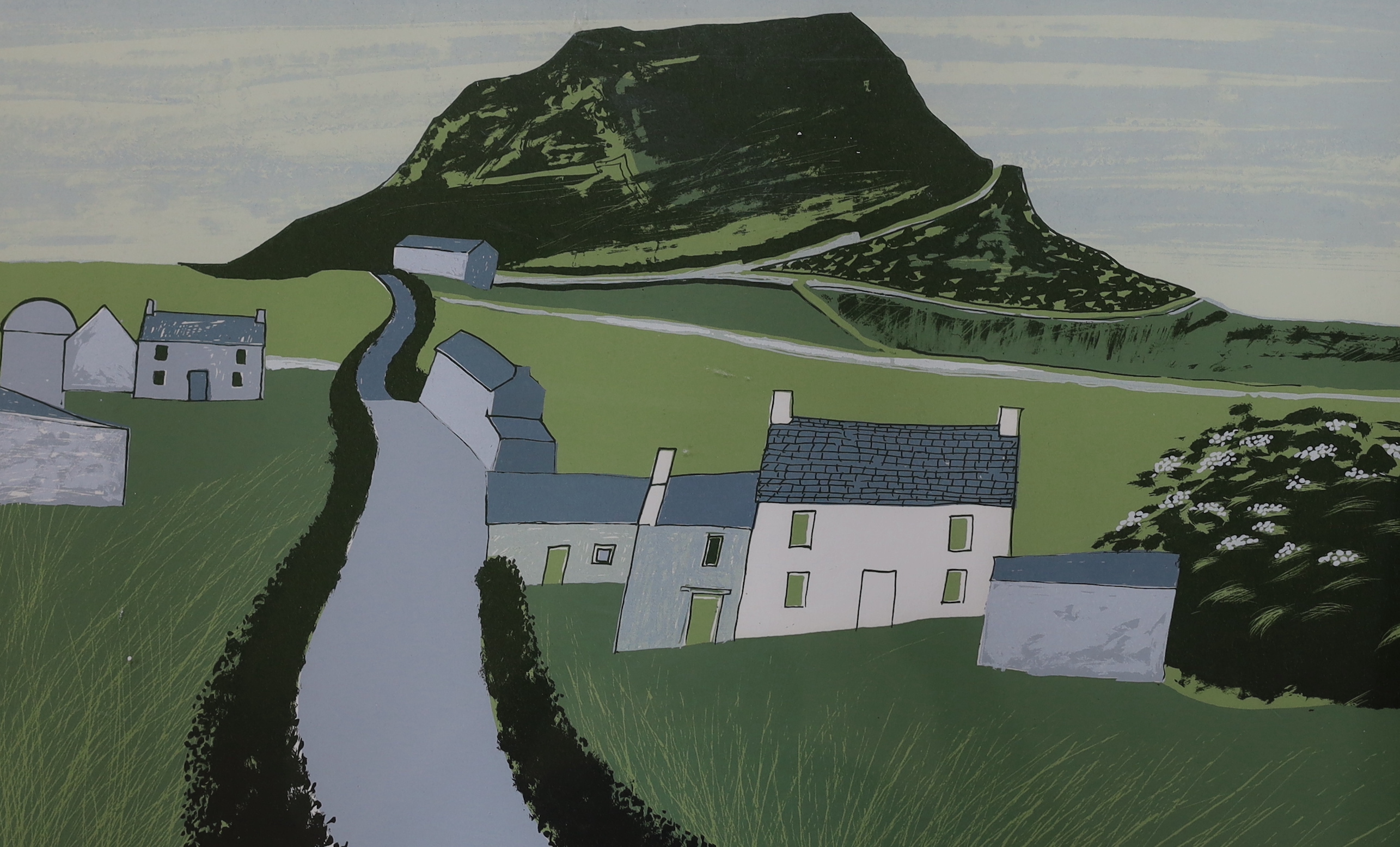 David Humphreys (b.1937), four colour lithographs, Cottages and panoramic landscape and harbour scenes, each pencil signed, two with personal inscription, the largest 60cm x 42cm